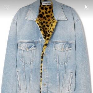 Balenciaga Light Blue Denim Jacket with Leopard fur Lining